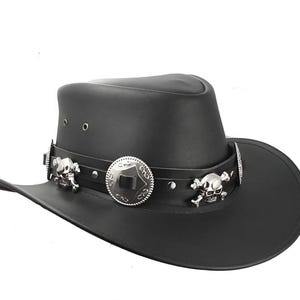 Leren hoed zwarte cowboy schedels band handgemaakte hoge hoed lederen steampunk cilinderhoed gotische hoed Victoriaanse hoed cowboy halloween hoed cadeau voor mannen