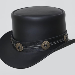 Zwart lederen hoed Conhos band handgemaakte hoge hoed lederen steampunk cilinderhoed gotische cilinderhoed Victoriaanse hoed cowboy halloween hoed cadeau voor mannen