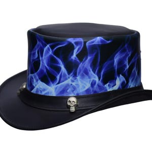 Leren hoed Blue Flame Crown handgemaakte hoge hoed lederen steampunk cilinderhoed gotische cilinderhoed Victoriaanse hoed cowboy halloween hoed cadeau voor mannen