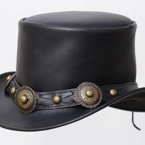Zwart lederen hoed Conhos band handgemaakte hoge hoed lederen steampunk cilinderhoed gotische cilinderhoed Victoriaanse hoed cowboy halloween hoed cadeau voor mannen