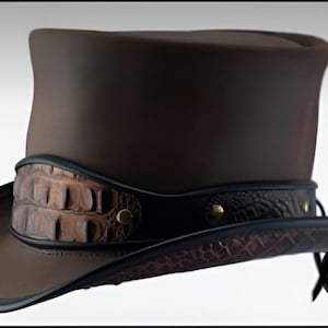 Lederen hoed krokodil band handgemaakte cilinderhoed lederen steampunk cilinderhoed gotische cilinderhoed Victoriaanse hoed cowboy halloween hoed cadeau voor mannen