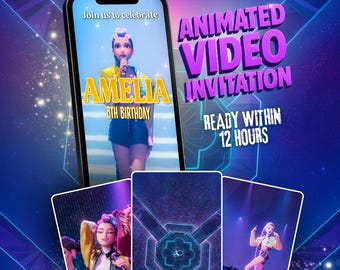Puede incluir: Un teléfono inteligente muestra una invitación de video animada para el octavo cumpleaños de Amelia. La invitación presenta a una chica de dibujos animados con un micrófono. El texto en el teléfono dice "Join us to celebrate". Texto adicional dice "Animated Video Invitation" y "Ready within 12 hours."
