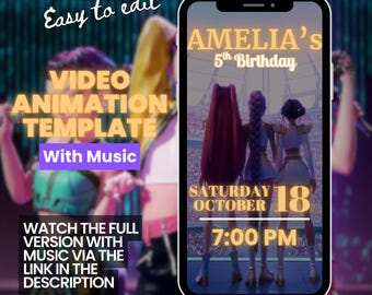Puede incluir: Una pantalla de teléfono inteligente muestra una invitación de cumpleaños para el 5º cumpleaños de Amelia. La invitación incluye la fecha, la hora y un gráfico de tres figuras animadas. El texto en la pantalla dice "Plantilla de animación de vídeo con música."