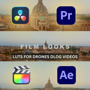 May include: Image featuring the logos of video editing software DaVinci Resolve, Adobe Premiere Pro, and Adobe After Effects. The image also includes a film clapperboard icon and text that reads "FILM LOOKS" and "LUTS FOR DRONES DLOG VIDEOS". The background shows a cityscape.
