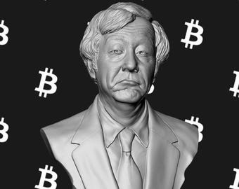 Buste van Satoshi Nakamoto, maker van Bitcoin-sculptuur