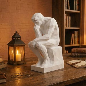 Puede incluir: Una escultura blanca, geométrica y de bajo poligonaje de una figura sentada que apoya la barbilla en una mano. La figura aparece en una pose contemplativa, con facetas angulares y nítidas que forman el cuerpo y la cabeza sobre una base rectangular.