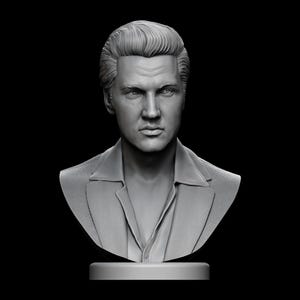 May include: A grey bust sculpture of a man with slicked-back hair, wearing a collared shirt and jacket. The sculpture is mounted on a round base, set against a black background.