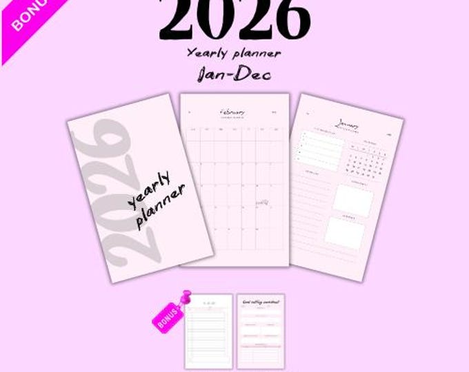 Planner| 2026 Planner | Printable | Monthly Calendar Jan-Dec | To Do List & Goal Setting | Instant Download PDF