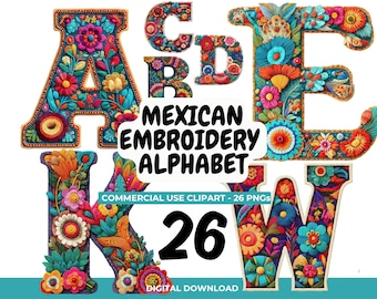 Mexikanischen Stickerei Alphabet PNG Bundle: Floral Folk Art Clipart (digitaler Download A-Z)