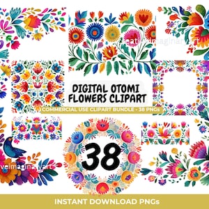 Otomi Flower Border Frames PNG Clipart Bundle: Mexican Folk Floral Borders & Corners (Digital Download)