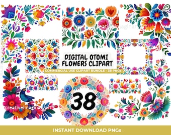 Otomi Flower Border Frames PNG Clipart Bundle: Mexican Folk Floral Borders & Corners (Digital Download)