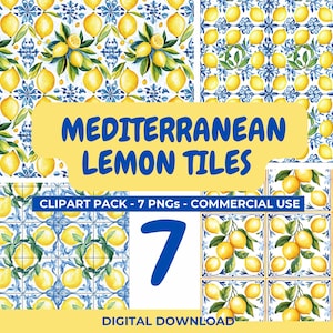 Watercolor Lemon Tile Clipart: Mediterranean PNG Patterns (Digital Download)