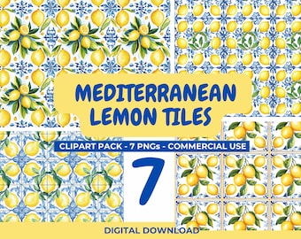 "Aquarell ""Zitrone"" Fliese Clipart: Mediterrane PNG Muster (Digitaler Download)"