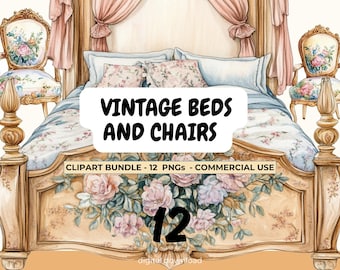 Vintage Furniture Clipart: Watercolor Bed & Chair PNGs (Digital Download)