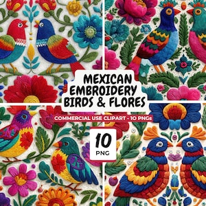 Mexican Embroidery Clipart: Flores & Birds PNG Patterns (Digital Download)