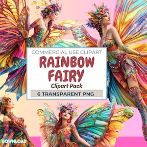 Regenbogen Fee Clipart Pack, wunderliche Fantasy Feen PNGs, digitaler Download für Scrapbooking, mystische Schmetterlingsflügel, Sublimationsengel