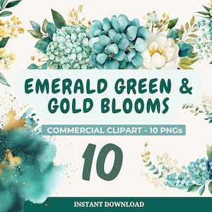 Smaragd grün & Gold Blumen Clipart: Aquarell Blumensträuße, Bilderrahmen (PNG, Instant Download)
