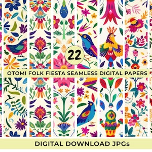 Może przedstawiać: Zestaw 22 bezszwowych cyfrowych papierów Otomi Folk Fiesta. Projekty przedstawiają kolorowe ptaki, kwiaty i elementy botaniczne w żywych odcieniach różu, niebieskiego, żółtego i zielonego, na kremowym tle. Widoczne są również słowa "Digital Download JPGs".