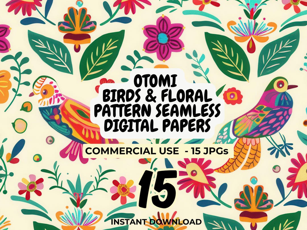 Otomi Birds Floral Seamless Digital Papers : Mexican Folk Pattern JPG ...