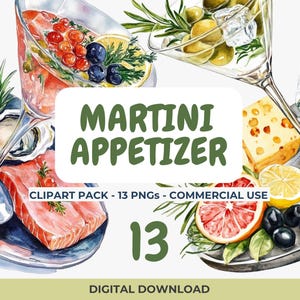 Martinicocktail-illustraties PNG, aquarel drankje illustraties, digitale download handtekening partij drankje en eten kunst, zeevruchten, gin-voorgerecht