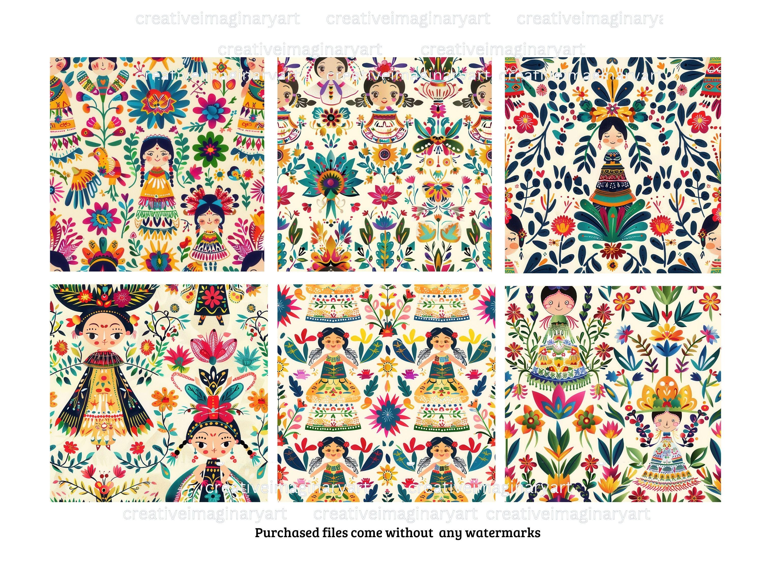Lele Mexican Doll Seamless Digital Papers : Otomi Folk Paper JPG Bundle ...