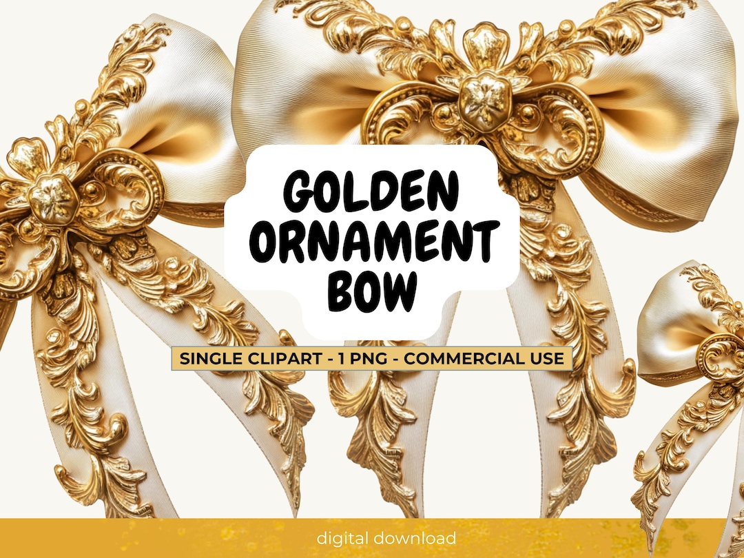 Gold Satin Bow Clipart: Baroque Ribbon PNG, Vintage Decor (digital ...