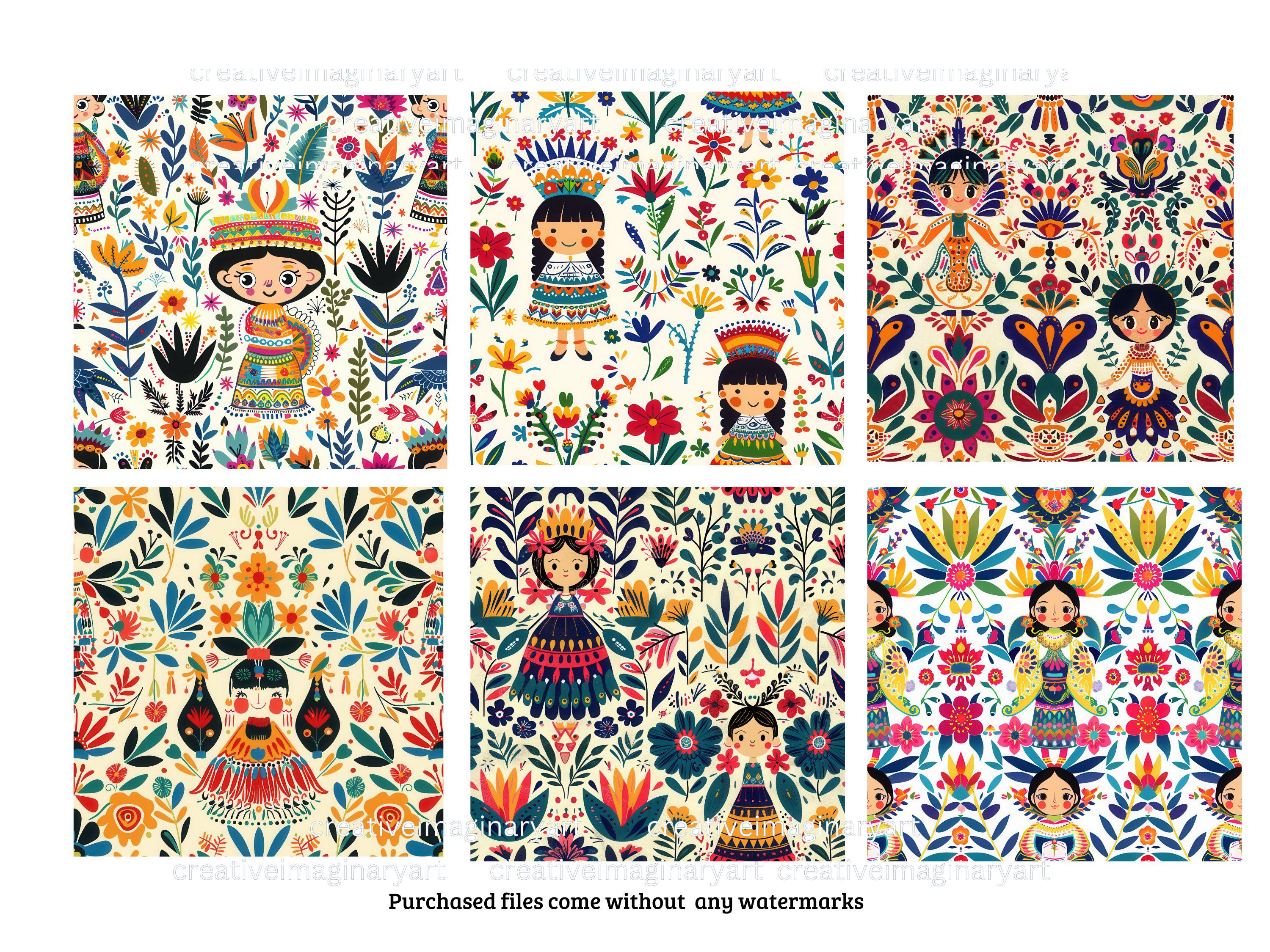 Lele Mexican Doll Seamless Digital Papers : Otomi Folk Paper JPG Bundle ...