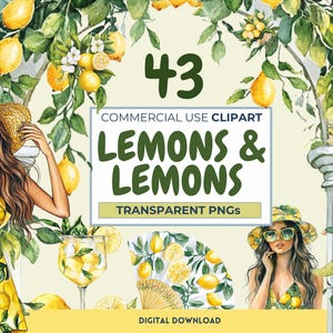 Watercolor Italian Lemon  Clipart Pack, Amalfi Design PNG, Mediterranean Summer Graphics, Digital Fashion Art, Lemon cocktails, arch, basket