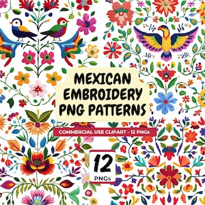 Mexican Embroidery Clipart: Fiesta Flowers PNG Patterns (Digital Download)