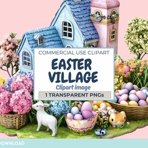 Clipart de casa de campo de Páscoa, aldeia PNG, imagem de cena, frango, cordeiro, fazenda rural, ovos, cesta, flores da primavera, cores vibrantes, uso comercial