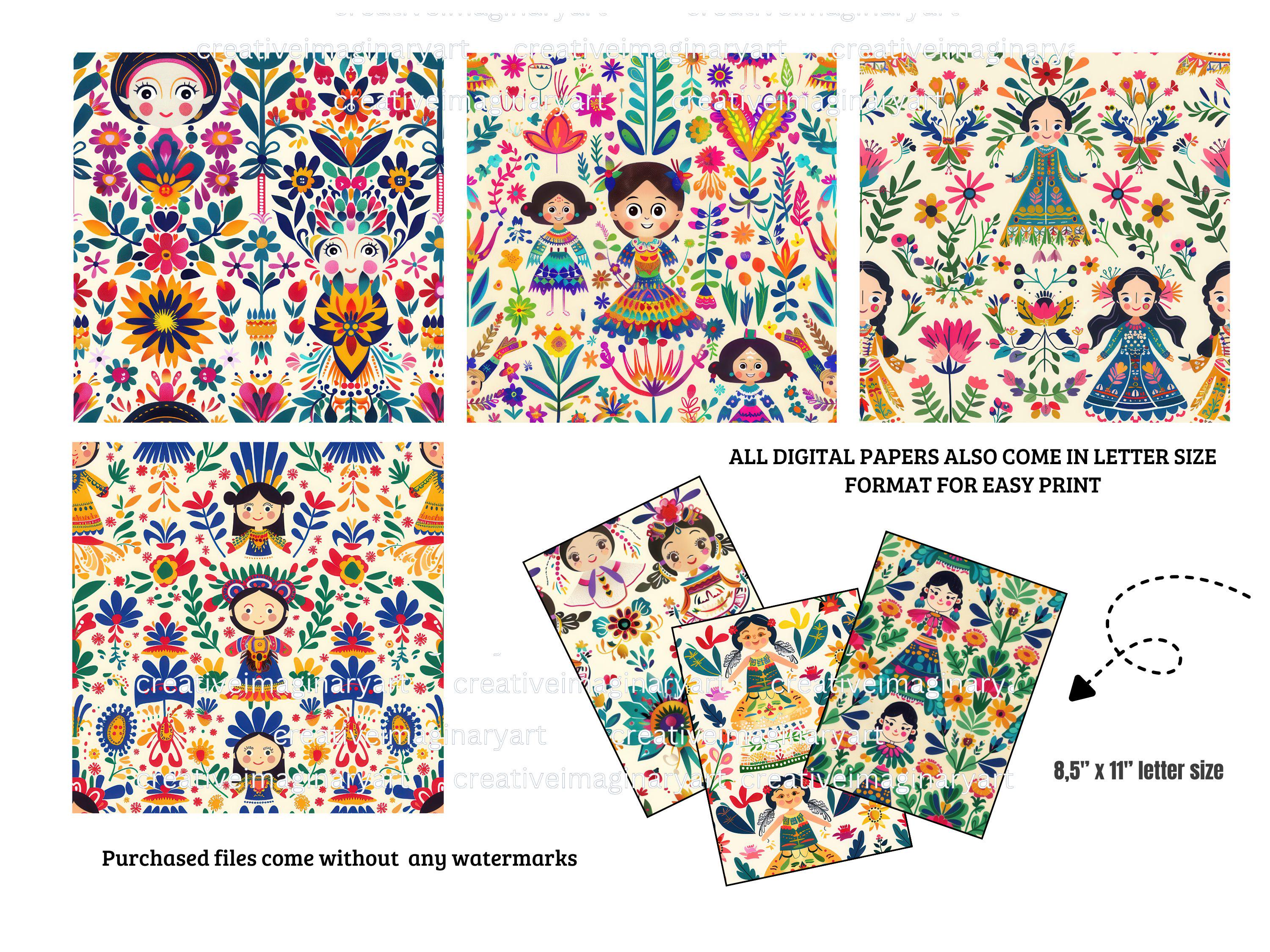 Lele Mexican Doll Seamless Digital Papers : Otomi Folk Paper JPG Bundle ...
