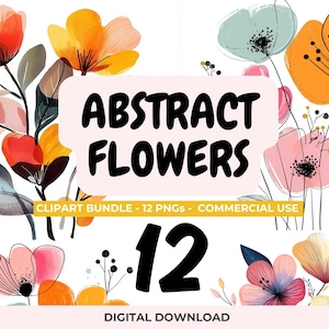 Paquete de imágenes prediseñadas de flores abstractas, 12 ramos florales, acuarelas botánicas modernas, arte digital bohemio, fondo transparente