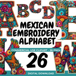 Mexican Embroidery Alphabet PNG Bundle: Floral Folk Art Clipart (Digital Download A-Z)