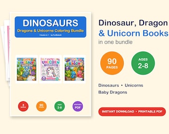 Op de afbeelding: Een digitaal kleurboekenpakket met drie titels: Cute Dinosaurs, Cute Unicorn en Cute Baby Dragons. De set bevat in totaal 90 pagina's, ontworpen voor kinderen van 2-8 jaar. De tekst luidt Dinosaurs Dragons & Unicorns Coloring Bundle, 3 books in 1 en Printable PDF.