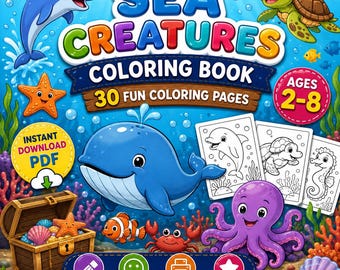 Op de afbeelding: Een kleurboekcover getiteld SEA CREATURES COLORING BOOK met 30 FUN COLORING PAGES. De afbeelding toont een blauwe dolfijn, een groene schildpad, een blauwe walvis, een clownvis, een rode krab en een paarse octopus in een onderwaterwereld.