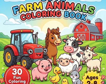 Op de afbeelding: Een kleurboekcover met de titel CUTE FARM ANIMALS COLORING BOOK met een rode tractor, een bruin paard, een zwart-witte koe, een roze varken, een wit schaap, een geit, een konijn en twee gele eendjes in een veld met een rode schuur.