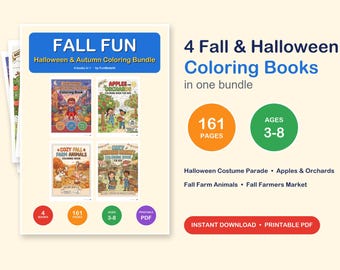 Op de afbeelding: Een digitale bundel van 4 kleurboeken voor herfst en Halloween genaamd Fall Fun. De set bevat Halloween Costume Parade, Apples and Orchards, Cozy Fall Farm Animals en Cozy Farmers Market, met in totaal 161 pagina's voor kinderen van 3-8 jaar.