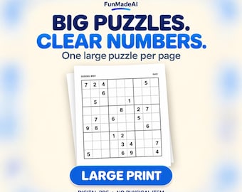 Op de afbeelding: Een digitale Sudoku-puzzelpagina met grote zwarte cijfers op een witte achtergrond. De tekst luidt FunMadeAI, BIG PUZZLES. CLEAR NUMBERS. One large puzzle per page, SUDOKU #001, EASY, LARGE PRINT, en DIGITAL PDF • NO PHYSICAL ITEM.