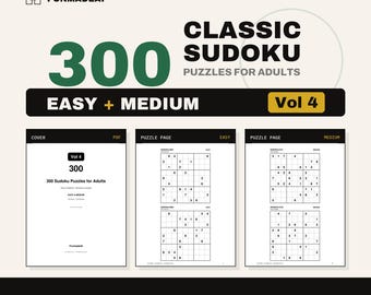 Op de afbeelding: Een digitaal productoverzicht voor 300 Klassieke Sudoku-puzzels voor Volwassenen, Vol 4, met makkelijke en gemiddelde moeilijkheidsgraden. De lay-out bevat een voorpagina, twee pagina's met makkelijke puzzels en twee pagina's met gemiddelde puzzels.