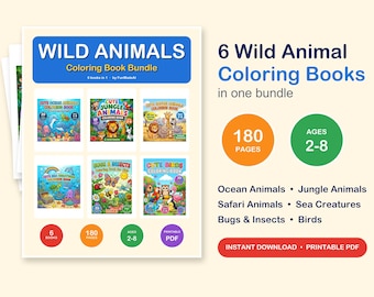 Op de afbeelding: Een digitaal pakket van 6 kleurboeken met wilde dieren, bestaande uit 180 pagina's voor kinderen van 2-8 jaar. De collectie bevat thema's zoals zeedieren, oerwouddieren, safaridieren, insecten en vogels in een printbaar PDF-formaat.