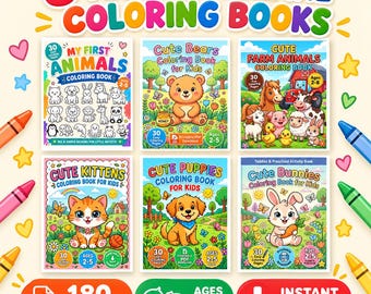 Op de afbeelding: Een set van zes kleurboeken voor peuters met dieren, waaronder My First Animals, Cute Bears, Farm Animals, Kittens, Puppies en Bunnies. De collectie bevat 180 kleurplaten, kleurpotloden en tekst over een directe PDF-download.