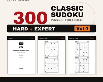 Op de afbeelding: Een digitale productweergave voor 300 Klassieke Sudoku-puzzels voor Volwassenen, Vol 4, met Moeilijke en Expert-niveaus. De lay-out bevat een voorpagina en twee voorbeeldpagina's met puzzelroosters in zwart, wit en rood op een crèmekleurige achtergrond.