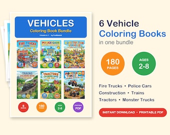 Op de afbeelding: Een digitaal pakket van 6 kleurboeken met voertuigen zoals brandweerwagens, politieauto's, bouwvoertuigen, treinen, tractoren en monstertrucks. De omslag toont de tekst VEHICLES Coloring Book Bundle, 180 pagina's en leeftijd 2-8 jaar.