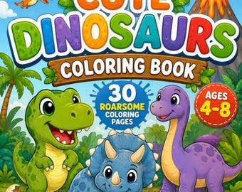Op de afbeelding: Een kleurboek getiteld CUTE DINOSAURS met een groene T-Rex, een blauwe triceratops en een paarse langnekdinosaurus in een jungleomgeving met een vulkaan. De kaft vermeldt 30 kleurplaten en is bedoeld voor de leeftijd van 4 tot 8 jaar.