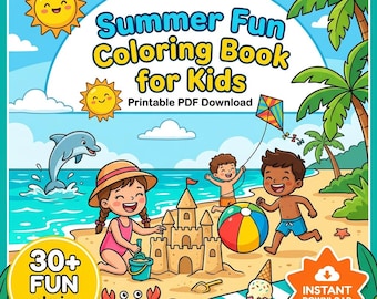 Op de afbeelding: Een digitaal kleurboek-omslag met de titel Summer Fun Coloring Book for Kids Printable PDF Download. De illustratie toont kinderen die op het strand spelen met een zandkasteel, een strandbal, een vlieger, een dolfijn en een ijsje.
