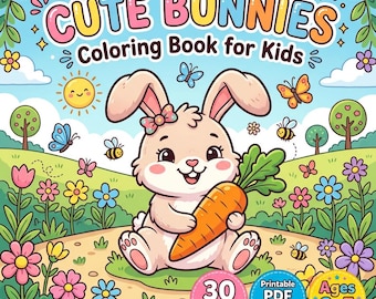 Op de afbeelding: Een kleurboekcover getiteld CUTE BUNNIES Coloring Book for Kids met een lichtbruin konijn dat een oranje wortel vasthoudt. De scène bevat een lachende zon, kleurrijke bloemen, vlinders en bijen in een weiland. Bevat 30 pagina's voor leeftijden 2-5.