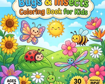 Op de afbeelding: Een Bugs & Insects Coloring Book for Kids met een cartoonvlinder, bij, lieveheersbeestje, libel en rups in een bloementuin met een lachende zon. De tekst op de kaft luidt Bugs & Insects Coloring Book for Kids, Ages 4-8, en 30 Coloring Pages.
