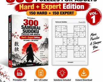 Op de afbeelding: Een boek getiteld 300 Samurai Sudoku Puzzles for Adults Hard + Expert Edition, met het silhouet van een samoerai voor een rode zon. Daarnaast ligt een voorbeeldpuzzelpagina. Het ontwerp bevat kersenbloesems, een pagode en tekst.