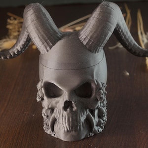 May include: A black skull with horns and a detailed, textured surface. The skull is a decorative object with a hollow interior.