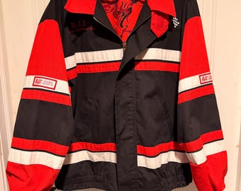 Vintage RJS Racing Equipment Jacket – Red & Black Racing Stripe Coat – Dragon Lining – Size Large